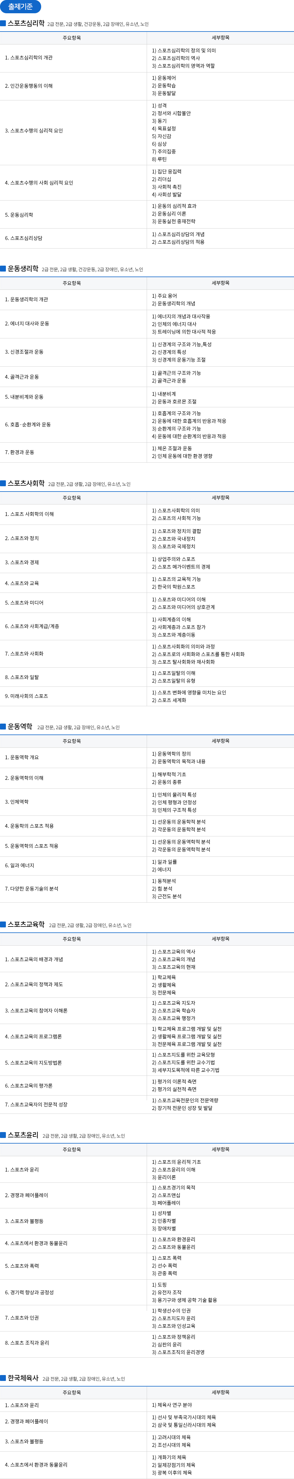 생활스포츠지도사 2급 출제기준